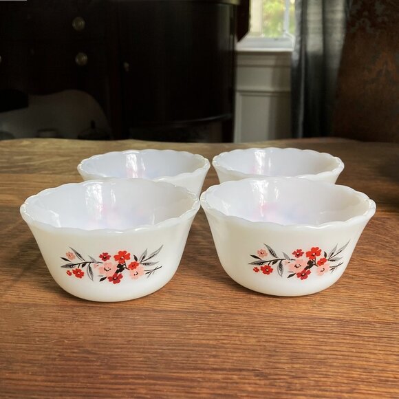 4 FIRE KING Primrose Custard Cups Ramekins, 1960s, Floral #424, Limited edition - Picture 3 of 12